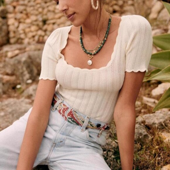 Sezane Anil Jumper Medium Ecru Cream Ivory Top Short Sleeve Sweater Knit French - Picture 2 of 13